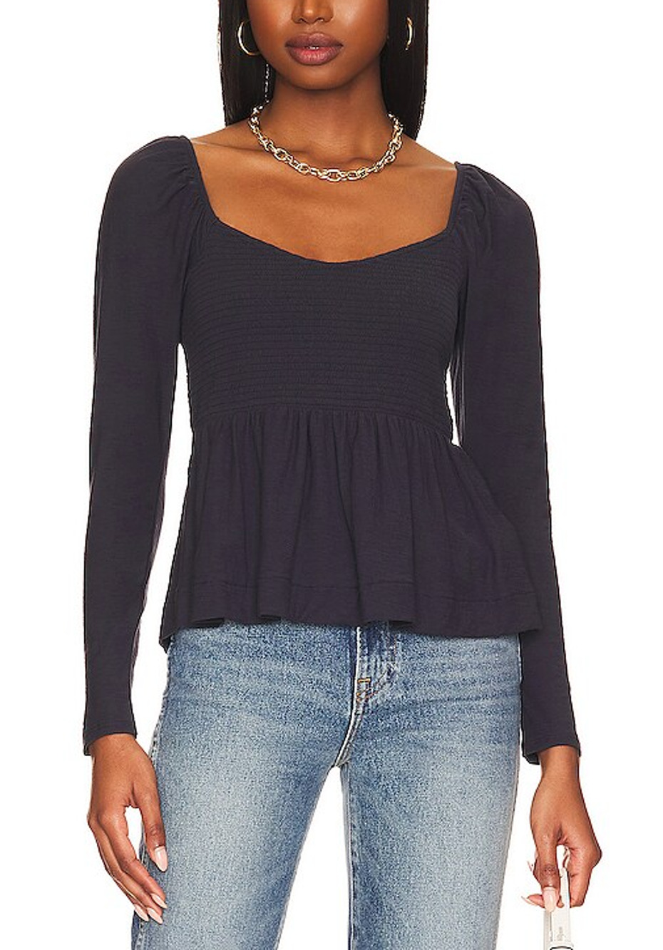 Nation Ltd Smocked Navy Zoie Babydoll Top Size L
